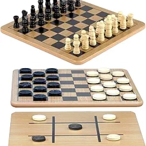 3-in-1 Reversible Wooden Chess, Checkers & Tic-Tac-Toe Board Game Set