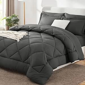 CozyLux Queen Comforter Set Dark Grey - 7-Piece Luxury Bed in a Bag