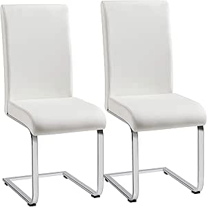 Set of 2 Modern White Dining Chairs - Faux Leather High Back with Chrome Legs