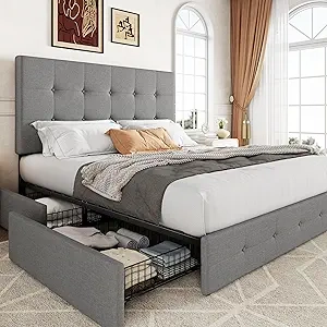 Queen Platform Bed Frame with 4 Storage Drawers & Tufted Headboard - Light Grey