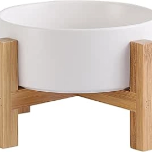 Elevated Ceramic Cat Bowl with Bamboo Stand - Anti-Vomiting Raised Pet Dish