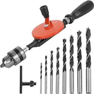 3/8" Manual Hand Drill with 8 Drill Bits - Double Pinion Design for Wood, Metal & Plastic