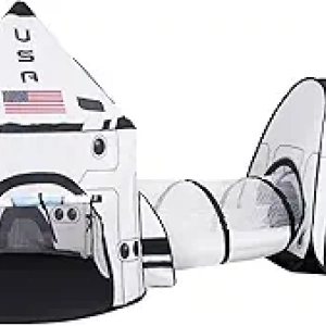 JOYIN White Rocket Ship Pop Up Play Tent with Tunnel - Indoor Outdoor Spaceship Playhouse for Kids