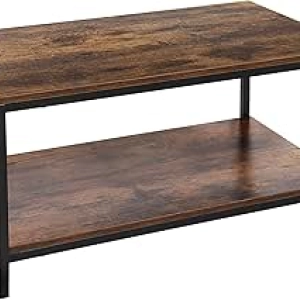Industrial 2-Tier Coffee Table with Storage - Rustic Brown Metal & Wood TV Stand