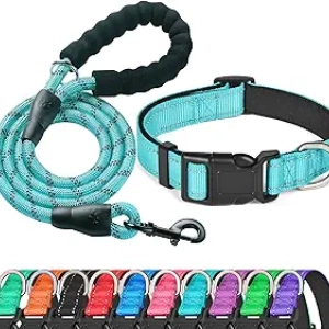 Reflective Padded Dog Collar with Free Leash - Neoprene Nylon for Small Medium Large Dogs