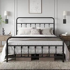 Yaheetech Full Size Metal Platform Bed Frame with Victorian Headboard - Black