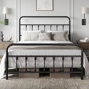 Queen Size Black Metal Platform Bed Frame with Victorian Headboard & Storage