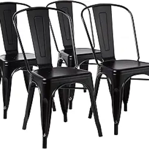 Amazon Basics Metal Dining Chairs Matte Black - Stackable 330 lbs Capacity (4 Pack)