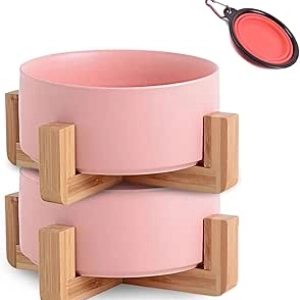 Pink Ceramic Dog Cat Bowl with Wood Stand - 13.5 oz Pet Dish Set
