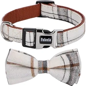 Faleela Soft & Comfy Detachable Bow Tie Dog Collar - Adjustable Small Medium Large Pet (Beige)