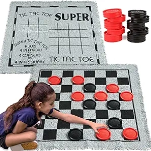 3-in-1 Vintage Giant Checkers & Tic Tac Toe Game with Reversible Mat
