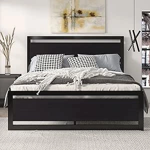 SHA CERLIN Queen Size Metal Bed Frame with Modern Headboard - 900 lbs Heavy Duty Platform