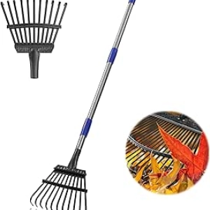 Adjustable Garden Leaf Rake - 78" Heavy Duty Rake with 11 Metal Tines