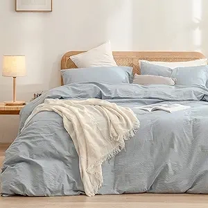 BESTOUCH 100% Washed Cotton Queen Duvet Cover Set - Soft Linen Feel Cornflower Blue
