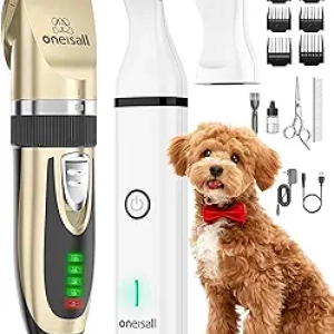 oneisall Dog Clippers and Paw Trimmer Kit 2 in 1 - Low Noise Cordless Pet Grooming Clippers