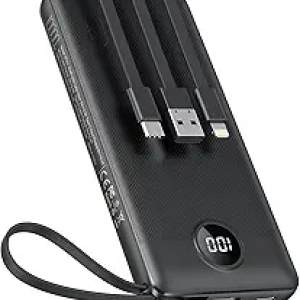 VEEKTOMX 10000mAh Portable Charger with Built-in Cables - Fast Charge Power Bank for iPhone & Android