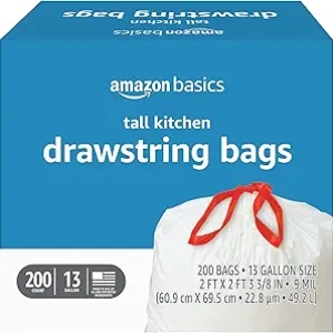 Amazon Basics 13 Gallon Tall Kitchen Drawstring Trash Bags - 200 Count