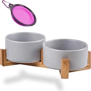 Petygooing Ceramic Dog Bowl Set with Wood Stand - Grey, 13.5oz for Cats & Small Dogs