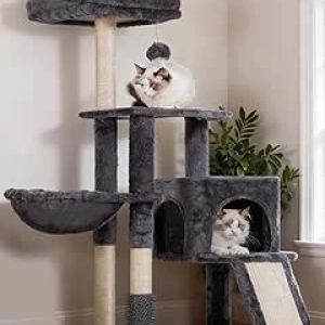 Heybly Cat Tree with Self Groomer Brush & Plush Perch - Indoor Cat Tower