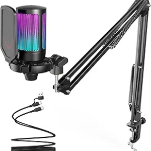 FIFINE A6T Gaming USB Microphone with RGB, Boom Arm & Pop Filter for Streaming, Twitch, PS4/PS5