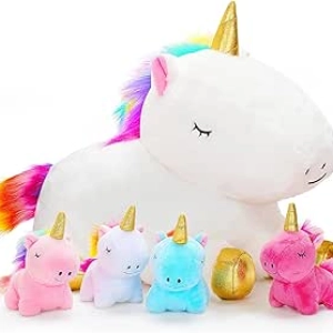 Mommy Unicorn Plush Toy with 4 Baby Unicorns - Soft Stuffed Animal Set for Girls