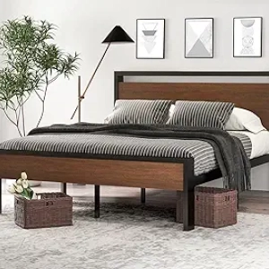 SHA CERLIN 14 Inch Metal Platform Bed Frame with Wooden Headboard - 800 lbs Capacity