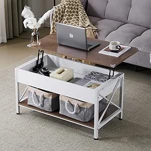 36" Lift Top Coffee Table with Storage Bins - White Walnut Farmhouse Design