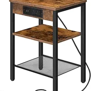 HOOBRO Side Table with Charging Station & USB Port - 3-Tier Nightstand for Small Spaces