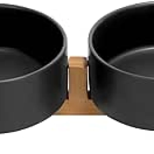SPUNKYJUNKY Ceramic Dog & Cat Bowl Set with Wooden Stand - Lead-Free