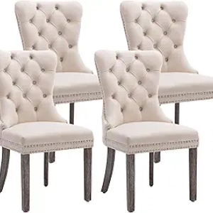 KCC Velvet Dining Chairs Set of 4 - Upholstered Tufted Kitchen Chairs with Nailhead Trim