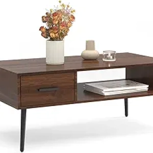 Mid Century Modern Coffee Table with Storage Drawer & Shelf - Dark Brown