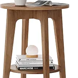 Small Round Side Table with Storage - Modern Walnut End Table for Bedroom & Living Room