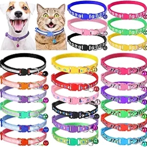 24 Pcs Adjustable Cat Collars with Bells - Reflective Kitten & Puppy Collars