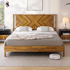 King Bed Frame 14" Acacia Wood | Rustic Scandinavian Style with Headboard
