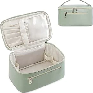 Sage Green Vegan Leather Makeup Bag & Travel Cosmetic Organizer