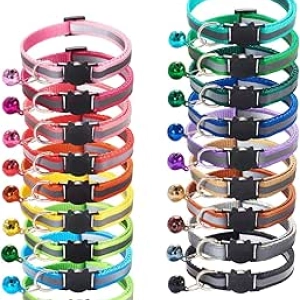 18Pcs Reflective Cat ID Collars with Bell - Adjustable Breakaway Collars for Kittens & Puppies