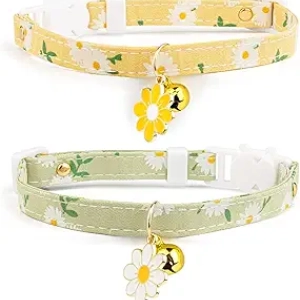2 Pack Breakaway Cat Collar with Bell - Adjustable Cotton Kitten Collar Yellow & Green Flowers