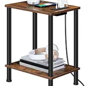 HOOBRO Side Table with Charging Station & USB Port - Rustic Brown Nightstand
