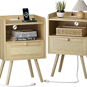 SUPERJARE Nightstands Set of 2 with Charging Station & Rattan Drawers