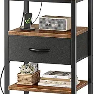 SUPERJARE Nightstand with Charging Station & USB Ports - Rustic Bedroom Side Table