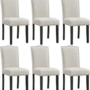 Set of 6 Modern Dining Chairs with Fabric Upholstery & Solid Wood Legs - Beige