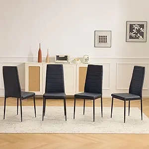Black Dining Chairs Set of 4 | Ergonomic PU Leather Kitchen Chairs with High Back Support