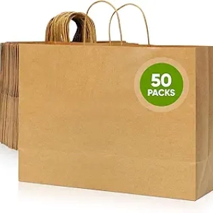 Tobvory Kraft Paper Bags with Handles - 50 Pack Large Recyclable Shopping Bags 16x12