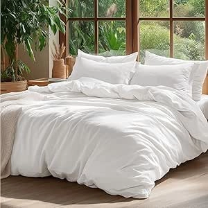 Bedsure 100% Washed Cotton Duvet Cover Queen Size - Linen Look Soft Bedding