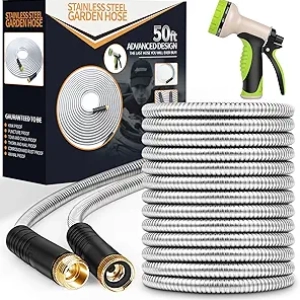50 ft Stainless Steel Garden Hose with 10 Function Nozzle - Heavy Duty, No-Kink, Pet Proof