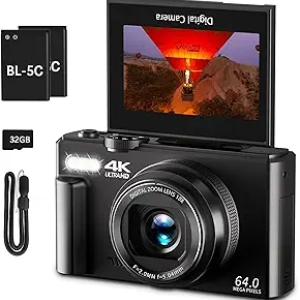 4K 64MP Digital Camera with Flip Screen & 18X Zoom - Perfect Vlogging Camera for YouTube