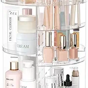 360° Rotating Makeup Organizer with 8 Adjustable Layers & Brush Holder