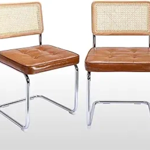Mid-Century Modern Rattan Dining Chairs Set of 2 | Cantilever Design with Faux Leather