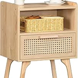 Lerliuo Rattan Nightstand - Boho Bedside Table with Drawer & Open Shelf
