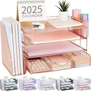 Rose Gold Desk Organizer with File Holder - 4-Tier Metal Office Accessories